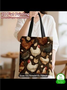 Chicken Print Brown Canvas Tote Bag with Black Handles